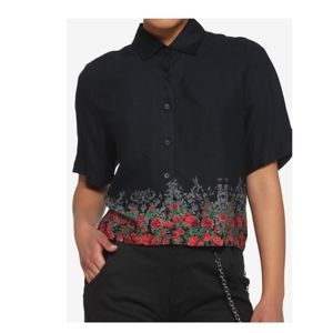 Hot Topic Red Roses Border Boxy Crop Button Up Collared Shirt 3XL Woven Goth